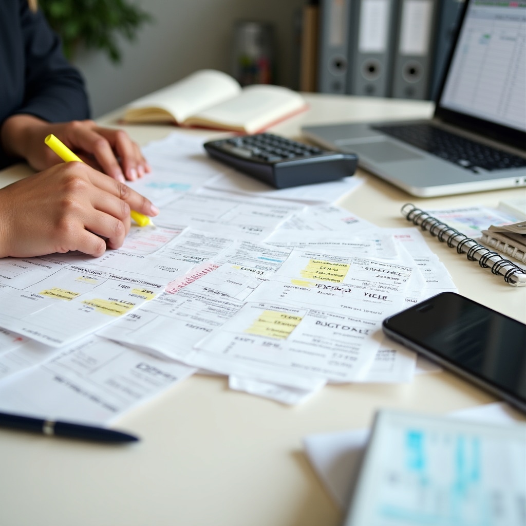 Close-up of business expense receipts and invoices being categorized for tax deduction purposes